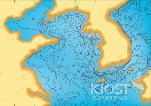 황해 및 주변해의 해저지형 (수심의 단위는 m) 의 사진