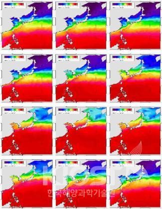 2006년 12월부터 2007년 11월가지 위성으로 측정한 북서태평양 표층 수온의 월 평균값. 여름에는 우리 의 사진