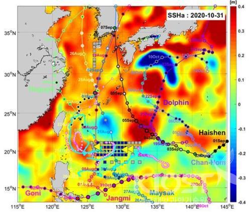 2020년 북서태평양 인근해역에서 발생하거나 통과한 태풍 궤적 의 사진